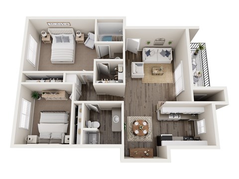 A 3D floor plan of a house with a living room, kitchen, and two bedrooms.